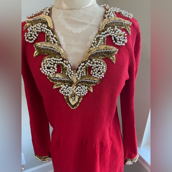 Vintage Don Sayres for Wellmore Neiman Marcus Red Knit Dress Sequins Pearls SZ 4 - Picture 2 of 16